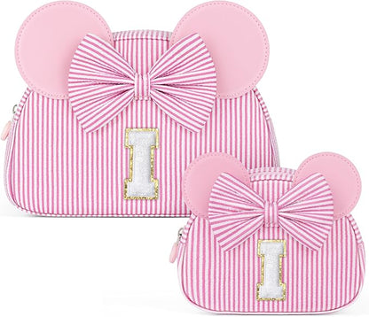Christmas Gifts for Kids, Personalized Initial Makeup Bag Birthday Gifts for 2 3 4 5 6 7 Years Old Girl Kids Pink Initial Cosmetic Travel Toiletry Bag for Girls Sister Daughter Pink I