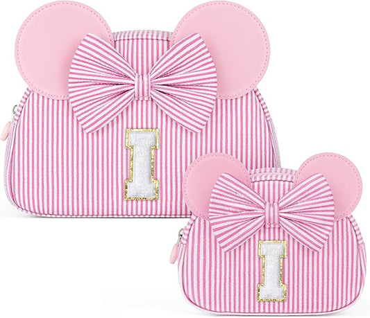 Christmas Gifts for Kids, Personalized Initial Makeup Bag Birthday Gifts for 2 3 4 5 6 7 Years Old Girl Kids Pink Initial Cosmetic Travel Toiletry Bag for Girls Sister Daughter Pink I