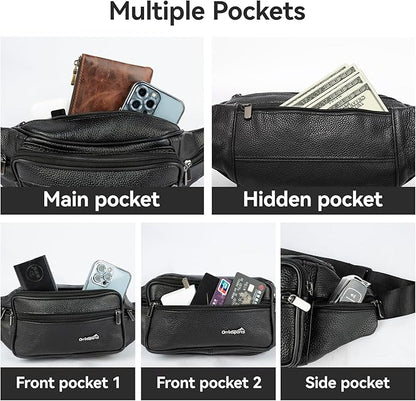 Genuine Leather Fanny Pack For Men and Women Multiple Pockets Waist Bag with Adjustable Strap for Travel Casual Sports Hiking Cycling Fishing Running Black Belt Bag