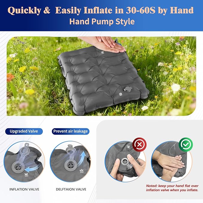 HiiPeak Inflatable Stadium Seat Cushion, Compact Hand Press Stadium Seats Pad Bleacher Seat Chair Cushion Pad for Airplane Travel Camping Backpacking Sports Events (Gray)