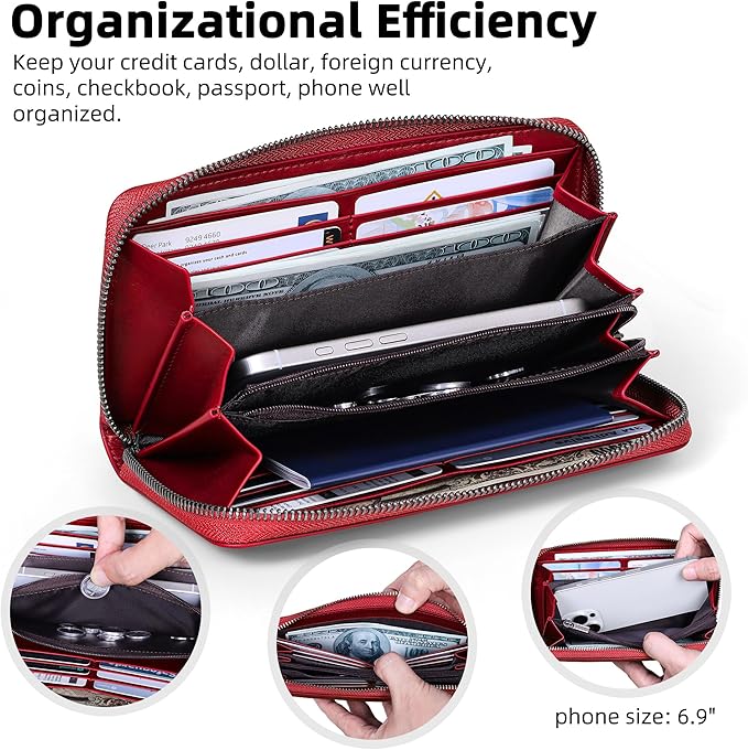 VISOUL Leather Long Zipper Pouch Wallet for Men and Women with RFID Blocking, Large Clutch Cash Long Wallet with Zipper (Burgundy)