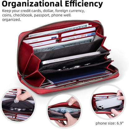VISOUL Leather Long Zipper Pouch Wallet for Men and Women with RFID Blocking, Large Clutch Cash Long Wallet with Zipper (Burgundy)