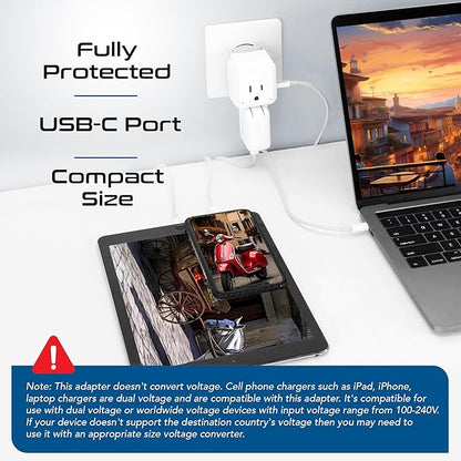 Ceptics European Plug Adapter, Safe USB-C 30W PD & QC 3.0-2 USA Socket - Compact & Powerful - Use in Greece, Italy, Switzerland, Turkey, Portugal - Includes Type C Swadapt Attachment