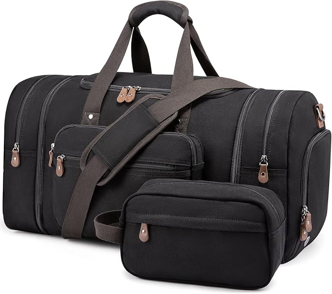 Sucipi Canvas Travel Duffel Bag for Men, Weekend Overnight Bag with Shoe Compartment and Toiletry Bag, Carry-On for Airplanes, Black