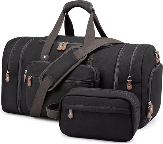 Sucipi Canvas Travel Duffel Bag for Men, Weekend Overnight Bag with Shoe Compartment and Toiletry Bag, Carry-On for Airplanes, Black
