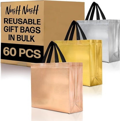 Nush Nush Set of 60 Mix Color Gift Bags In Bulk - 20 Rose Gold, 20 Silver, 20 Gold gift bags With Handles - For Small Business As Goodie Bags, Birthday Gift Bags Large Size, Party Favor Bags - 13X5X11