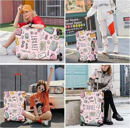 ANNA QUEEN Travel Luggage Cover, Travel Suitcase Protector with Vintage Travel Icons, Stretchable, Washable Travel Sleeve for 20-34 Inch Luggage