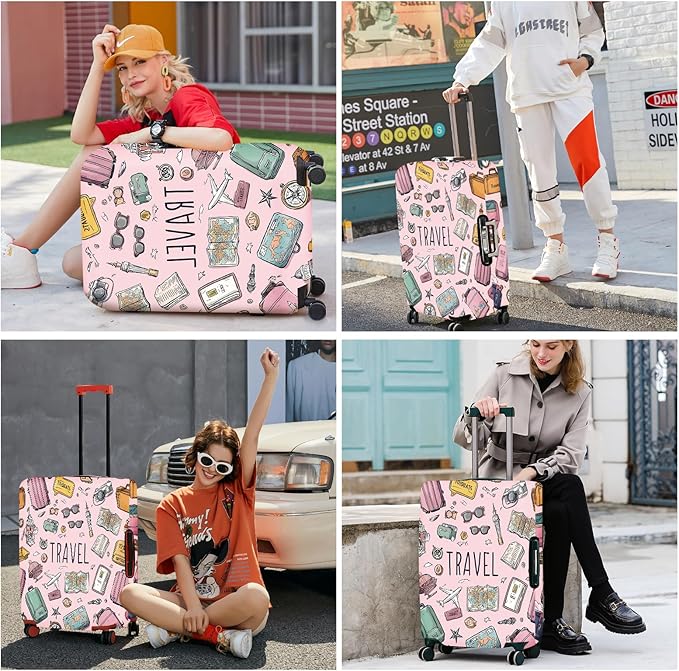 ANNA QUEEN Travel Luggage Cover, Travel Suitcase Protector with Vintage Travel Icons, Stretchable, Washable Travel Sleeve for 20-34 Inch Luggage