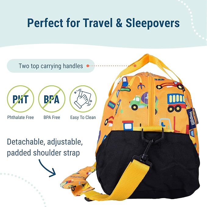 Wildkin Kids Overnighter Duffel Bag – Carry-On Size, Ideal for School & Sleepovers – Under Construction