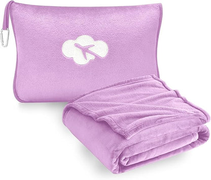 Travel Blanket and Pillow Compact, Premium Soft 2 in 1 Airplane Blanket with Soft Bag Pillowcase，Hand Luggage Sleeve and Backpack Clip (Solid Purple)