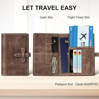 Leather Passport Holder for Travel Women Men, RFID Blocking Card Slot, Top-Grain leather with Magic Buckle, Boarding Pass Pocket,Retro Passport Wallet,khaki
