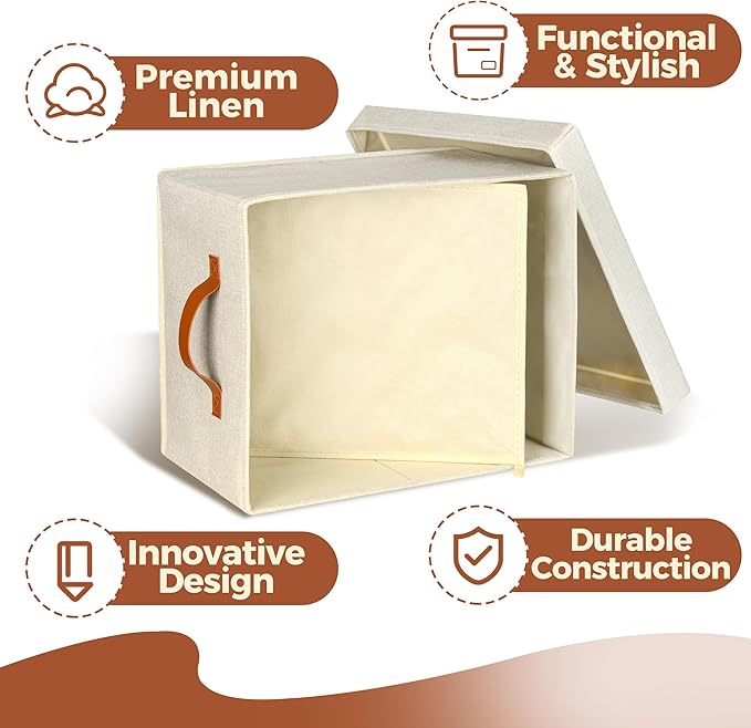 Storage Standard 2-Pack File Organizer Box with Lid - Collapsible Hanging Linen Document Organizer Portable File Boxes, Lightweight & Portable Filing Box Crates with Handles & Extras, Ivory