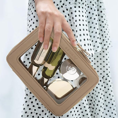 Aveniee Clear Makeup Bag Organizer, Travel Toiletry Bag Cosmetic Case for Women, Portable Make Up Skincare Pouch Car Organizer Bag with Zippers for Essentials,Taupe