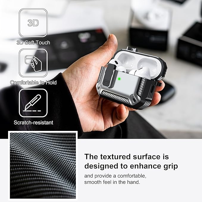 RFUNGUANGO for AirPods Pro 2nd Gen Case with Cleaning Kit, Military Hard Case Protective Armor with Lock, for AirPod Gen 2 Charging Case (2023/2022/2019, 2nd Gen/1st Gen), Front LED Visible, Silver.