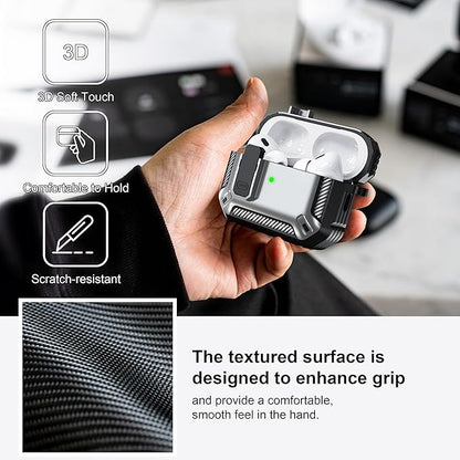 RFUNGUANGO for AirPods Pro 2nd Gen Case with Cleaning Kit, Military Hard Case Protective Armor with Lock, for AirPod Gen 2 Charging Case (2023/2022/2019, 2nd Gen/1st Gen), Front LED Visible, Silver.