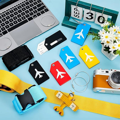 Weewooday 8 Pcs Luggage Straps Suitcase Tags Set for TSA Approved, 4 Travel Adjustable Suitcase Belt, 4 Silicone Luggage Tags with Name ID Card Travel Accessories(Red, Blue, Black, Yellow,Airplane)