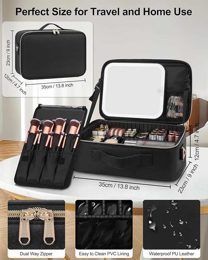 Chomeiu Makeup Bag with LED Mirror, Large Travel Cosmetic Train Case for Women, Makeup Artists Large Organizer Box with Vanity Light Up Mirror, 3 Color Lights, Adjustable Dividers (Black)