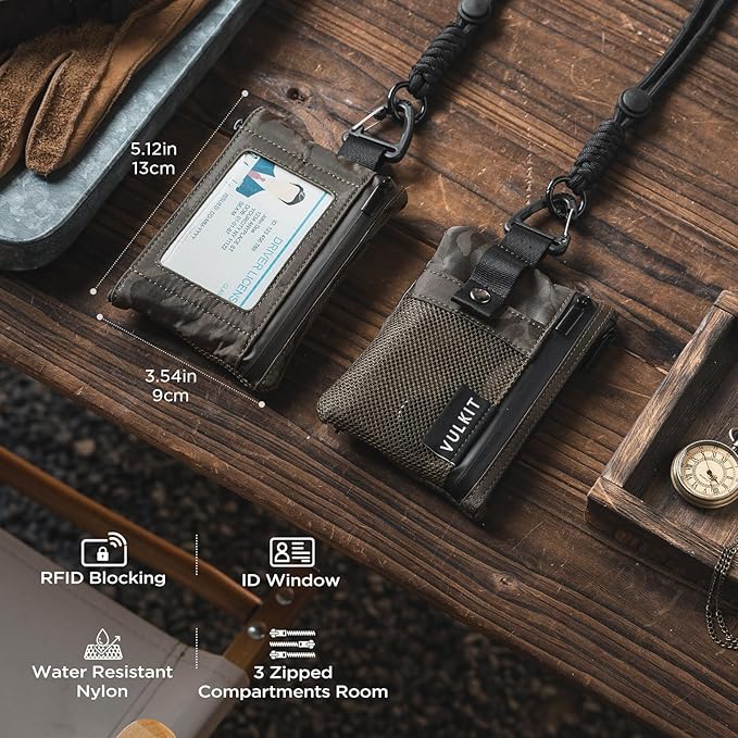 VULKIT Small RFID Wallet for Women & Men – Minimalist Zipper Wallet with ID Window, Keychain & Carabiner, Holds 15 Cards, Water Resistant Travel Lanyard Wallet Camouflage