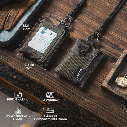 VULKIT Small RFID Wallet for Women & Men – Minimalist Zipper Wallet with ID Window, Keychain & Carabiner, Holds 15 Cards, Water Resistant Travel Lanyard Wallet Camouflage