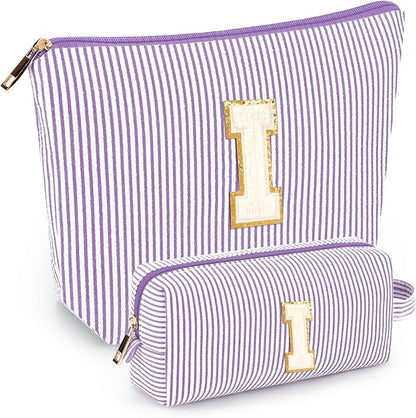 2 PCS Initial Makeup Bags for Women: Cosmetic Bag for Travel Toiletry - Birthday Gifts for 11 12 13 14 15 16 17 18 Years Old Girl Graduation Teacher Gift- Teen Girl Gifts Trendy Stuff - Purple I