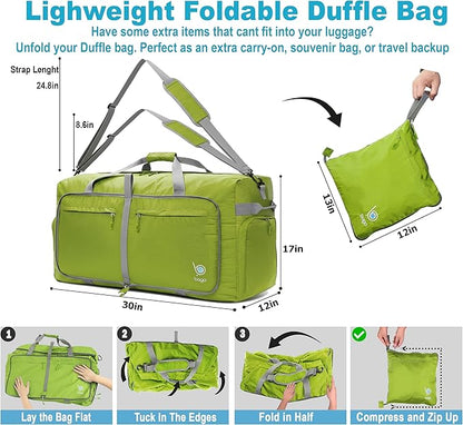 Bago Large Foldable Duffel Bags for Traveling Women & Men - 100L Packable Duffle Bag for Travel with Shoe Compartment - Water Repellant, Heavy Duty, Lightweight Folding & Collapsible (Green)