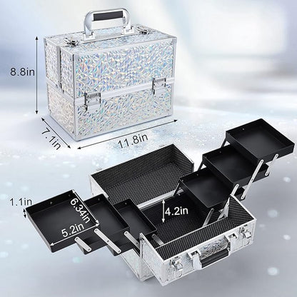 FRENESSA Makeup Case Cosmetic Train Case Organizer 11.8 Inch Large Makeup Box Travel Storage Make Up Train Carrying Case with 6 Trays Locking Hard Vanity Storage Glitter Silver