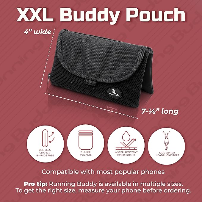 Running Buddy Fanny Pack Waist Bag - Magnetic Closure Workout Belt - Water-Resistant Pocket for Belt Bag Essentials - Side-Zipper Headphone Port for Fanny Packs for Women - XXL, Black, 7 x 4 in