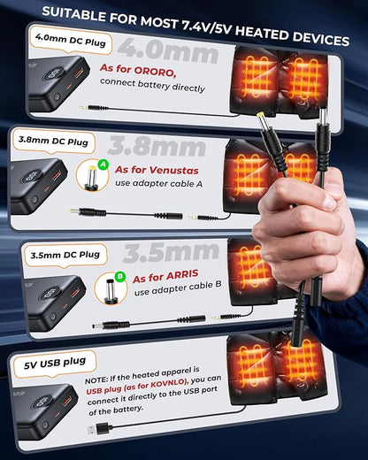 Heated Vest Battery Pack 20000mAh Compatible with ORORO, for Venustas, Battery Pack for Heated Vest with 5V USB+7.4V DC Dual Port, Rechargeable Power Bank for OCQOCQ, for TODWARM, for Weamest
