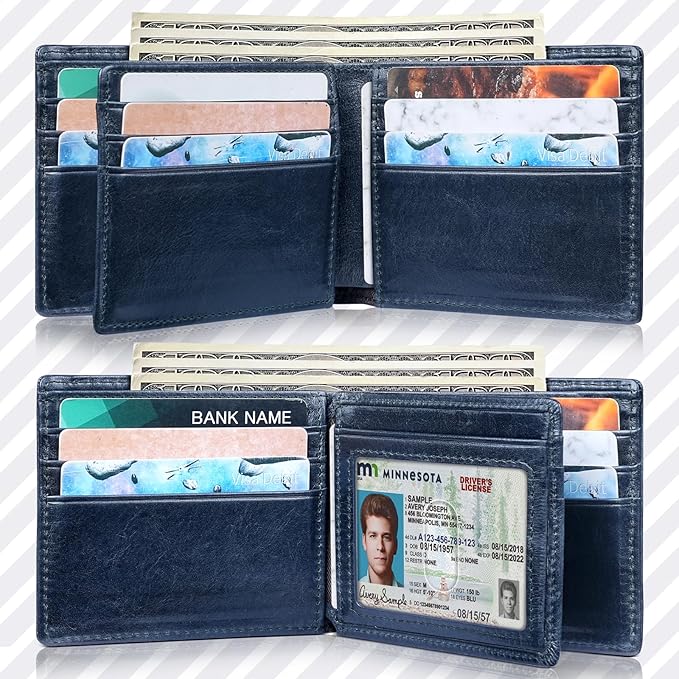 Mens Wallet Bifold Genuine Leather RFID Blocking Wallet for Men with 1 ID Windows 13 Card Holders 2 cash pockets 1 Gift Box