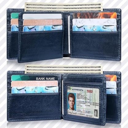 Mens Wallet Bifold Genuine Leather RFID Blocking Wallet for Men with 1 ID Windows 13 Card Holders 2 cash pockets 1 Gift Box