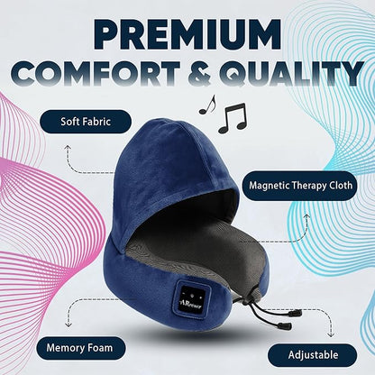 Bluetooth Music Semicircular Neck Pillow with Hood Wireless Bluetooth Speaker Suitable Airplane,Car,Office,and Outdoor Camping for Sleeping, Resting The Best Travel Essentials. (Navy Blue)