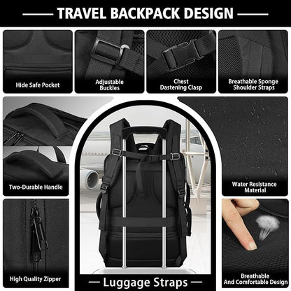 Travel Backpack,Carry On 40-50L Expandable Backpack with Cable Access Port,Fits 17.3 Inch Laptop, Water Resistant Weekender Bag Men Women for Business Trips, College, Hiking,Daily Commuting,Black
