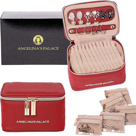 Angelina's Palace Jewelry Organizer Case Bridesmaid Gifts Travel Bag Vegan Leather Box for Necklace Earring Bracelet Ring(brandy)