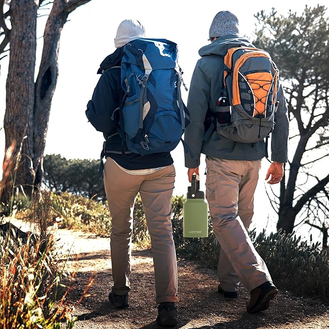 WATERSY Half Gallon Water Bottle Insulated(Cold for 48 Hrs),BPA Free&Leak Proof,64oz Stainless Steel Water Jug/Flask,Big thermo,Large Water Bottle with Handle for Gym,Hiking,Camping,Olive Green