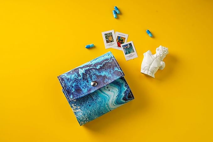 Pill Organizer,LIZIMANDU Weekly Travel Pill Case Box Medication Reminder Daily AM PM, Day Night 7 Compartments,for 4 Times A Day, 7 Days a Week-Includes Leather PU Carrying Case (Blue Quicksand)