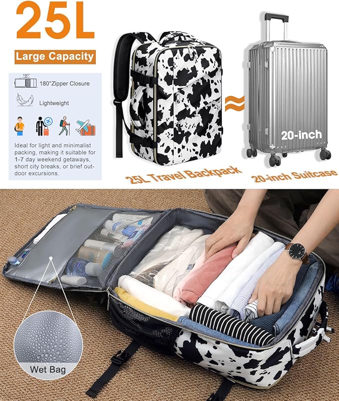 Capolo Travel Backpack for Women Men Waterproof Laptop Backpack Flight Approved Carry On Backpack Overnight Weekender Bag College Bookbag for Business, Work, Traveling Fits 17 '' Laptop,Cow Print