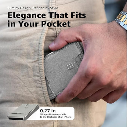RFID Blocking Wallet, Minimalist Card Holder with Quick Access, Holds 1 to 12 Cards & Cash, Vegan Leather & Brushed Aluminum, Gift-Ready Packaging (Gray)