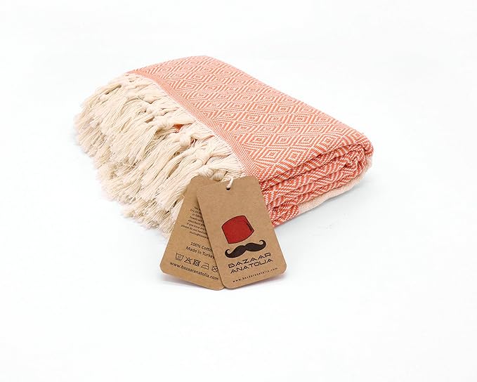 Bazaar Anatolia Turkish Beach Towel – 100% Cotton, Quick Dry, Sand Free Towel for Bathroom, Camping, Travel, Orange – Oversized 71x39 Inches – Diamond Orange