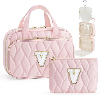 YOOLIFE Hanging Toiletry Bag for Women - Travel Toiletry Bag Makeup Bag, Portable Toiletries Cosmetic Bag, Airplane Travel Essentials - Letter V, Pink
