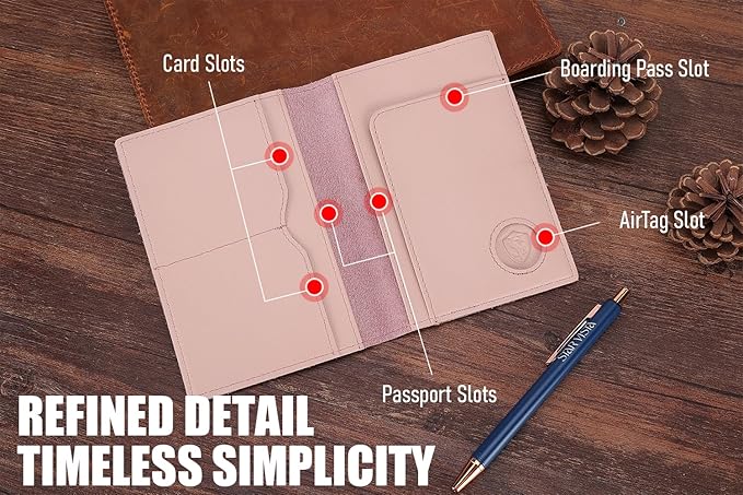 STAR VISTA Albatross Leather Travel Passport Holder, Minimalist Design, Calfskin Leather Case for Women and Men - Slim Passport Wallet, Bifold, RFID Blocking, with AirTag Holder, Pale Pink