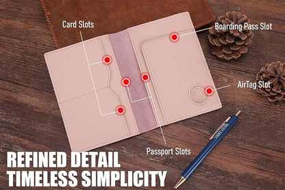 STAR VISTA Albatross Leather Travel Passport Holder, Minimalist Design, Calfskin Leather Case for Women and Men - Slim Passport Wallet, Bifold, RFID Blocking, with AirTag Holder, Pale Pink