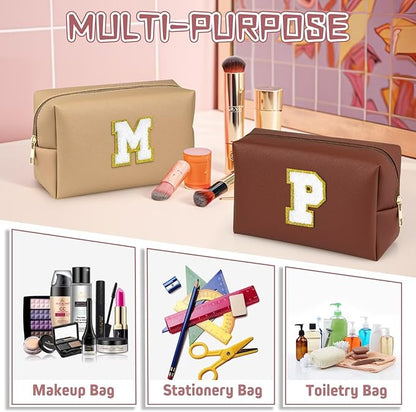 TOPEAST Preppy Makeup Bag, Cute Makeup Pouch PU Leather Waterproof Cosmetic Bag, Personalized Birthday Gifts for Mom Teacher Friends Bridesmaids Nurse, Trendy Stuff for Girls (Brown I)