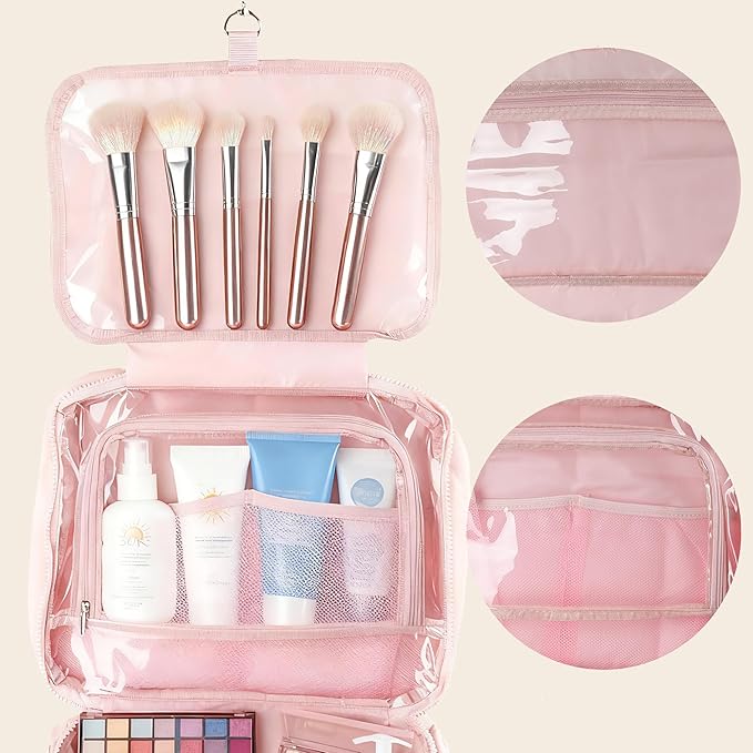 Travel Toiletry Bag for Women,Portable Hanging Travel Bag Cosmetic Jewelry Organizer,Makeup Bag for Toiletries,Full Sized Shampoo,Conditioner,Pink