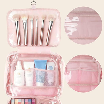Travel Toiletry Bag for Women,Portable Hanging Travel Bag Cosmetic Jewelry Organizer,Makeup Bag for Toiletries,Full Sized Shampoo,Conditioner,Pink