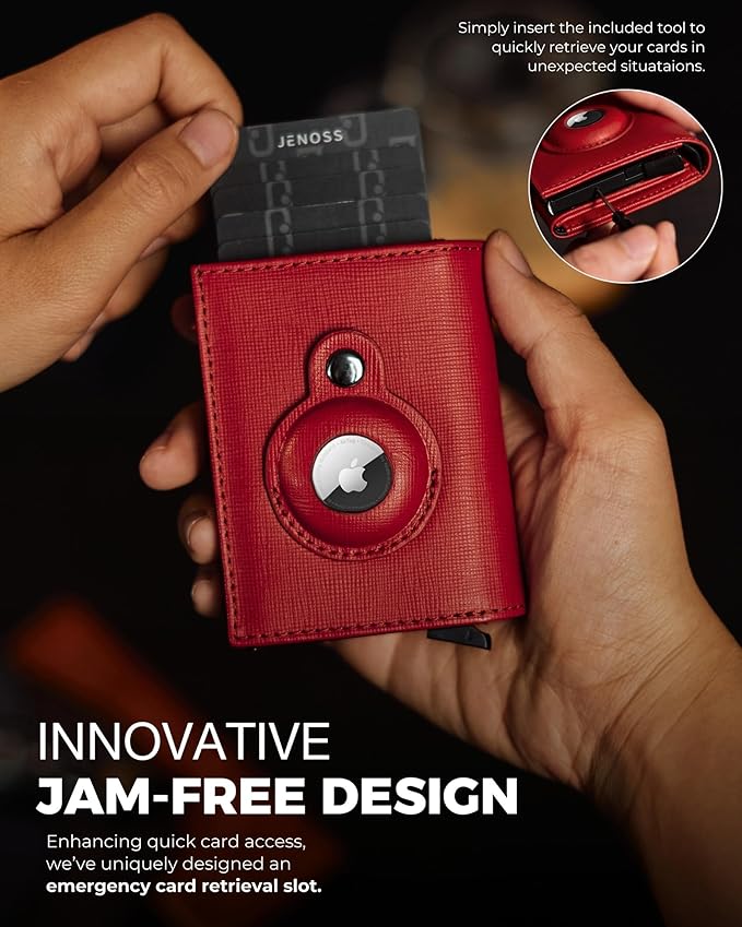 Jenoss Smart AirTag Wallet for Men & Women: Full Grain Leather, Black Pop Up Case, Slim, RFID Blocking, Credit Card Holder Apple Air Tag Tracker Trifold Minimalist 12 Slot ID (Red & Black)
