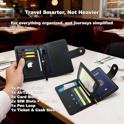 Passport Holder for Travel, RFID Blocking Leather Airtag Wallet for Women Men, Large Passport Cover Essentials Gift, Tickets, Cash, Photo, Sim Card Pen Slot - Black
