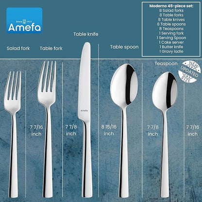 Amefa Moderno 45-Piece Flatware, Set for 8 – Stainless Steel Silverware, High-Gloss Mirror Finish, Rust-Resistant Cutlery with Dinner Forks, Knives, Spoons, Salad Forks & Teaspoons for Home Dining