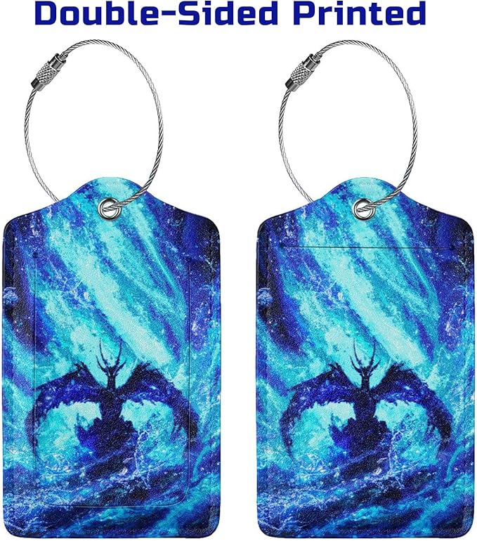 Set of 2 Dragon Luggage Tags for Suitcases Travel, Cool Blue Bag Tags for Luggage Backpack with Privacy Cover Id Label, Stainless Steel Loop and Address Card