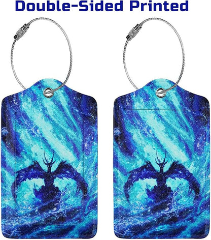 Set of 2 Dragon Luggage Tags for Suitcases Travel, Cool Blue Bag Tags for Luggage Backpack with Privacy Cover Id Label, Stainless Steel Loop and Address Card