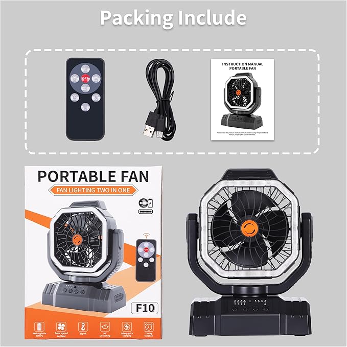 AVV 20000mAh High Speed Portable Camping Rechargeable Fan with Remote Control, Battery Powered with Auto Oscillating with Camping Essentials Accessories for Outdoor, Beach, Patio, Tent, Black